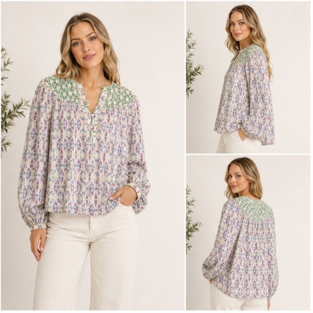 Caballero Collection Finch Top Purple/Green Ikat Cotton Silk XL Long Sleeve